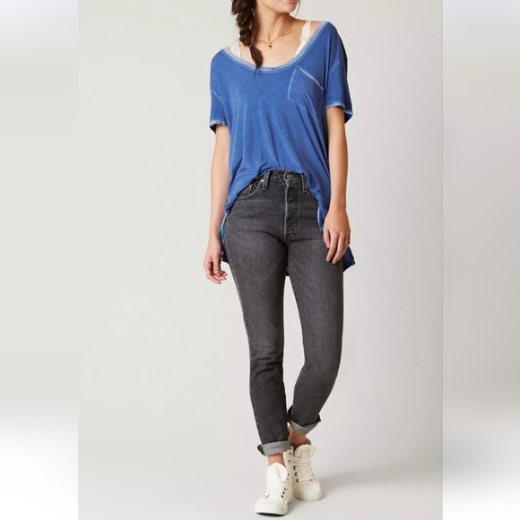 Free People Rising Sun Short Sleeve T Shirt V Neck High Low Hem Blue Size XS NWT - Picture 11 of 16